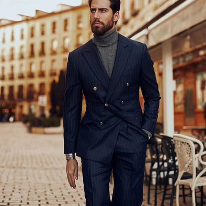 Navy Blue PinStripe Mens Sutis with Double Breasted Slim Fit Formal Business Office Wear 2 Pieces Set Wedding Groomsmen Tuxedo