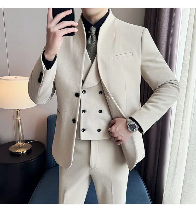 Men's 3-Piece Slim Fit Stand Collar Suit – Wedding, Prom & Office Formal Set