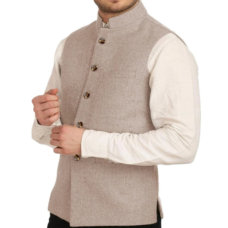 Men's Herringbone Suit Vest – Formal Single-Breasted Waistcoat for Weddings & Business