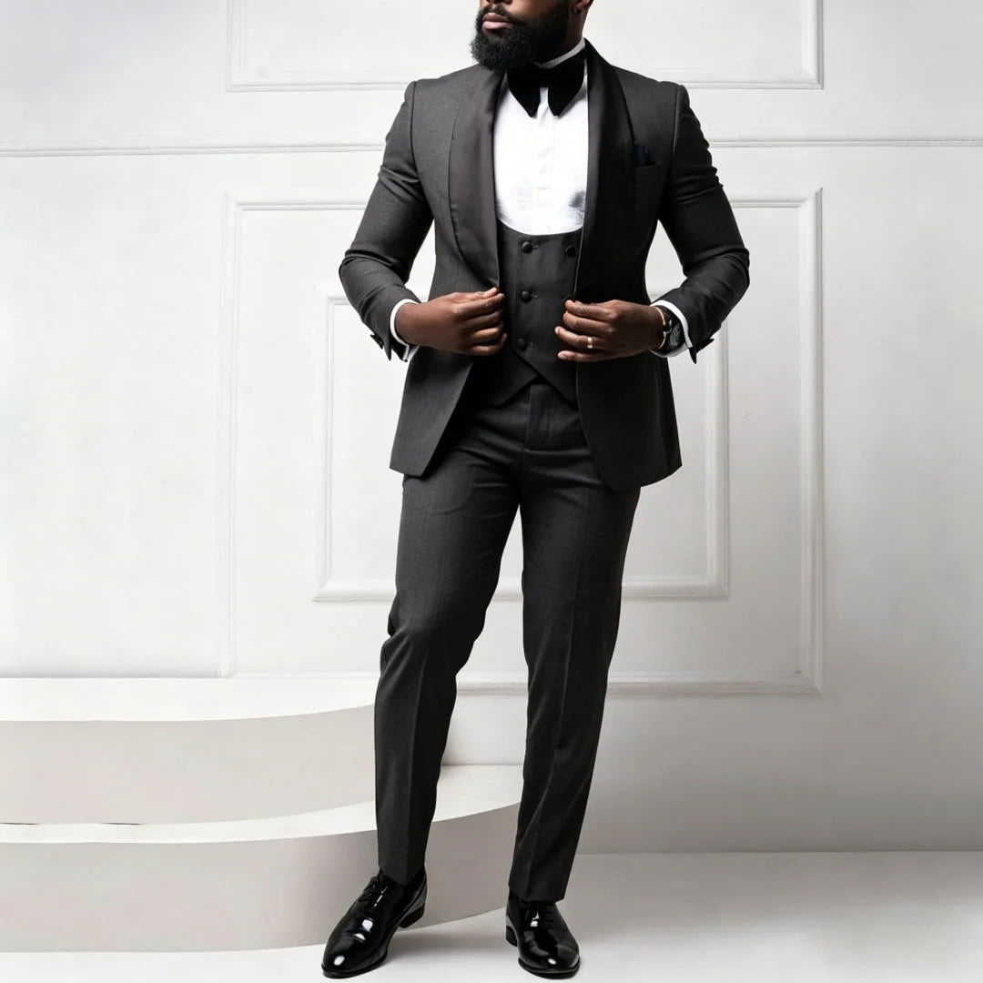 Men Suit Coffee 3 Pieces With Bright Black Lapel For Wedding Birthday Party Banquet Business Work Set Jacket Verst With Pants