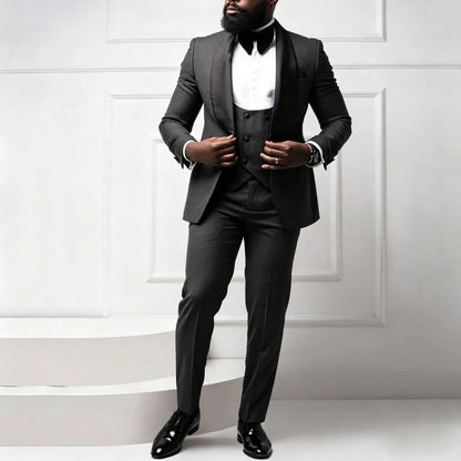 Men Suit Coffee 3 Pieces With Bright Black Lapel For Wedding Birthday Party Banquet Business Work Set Jacket Verst With Pants