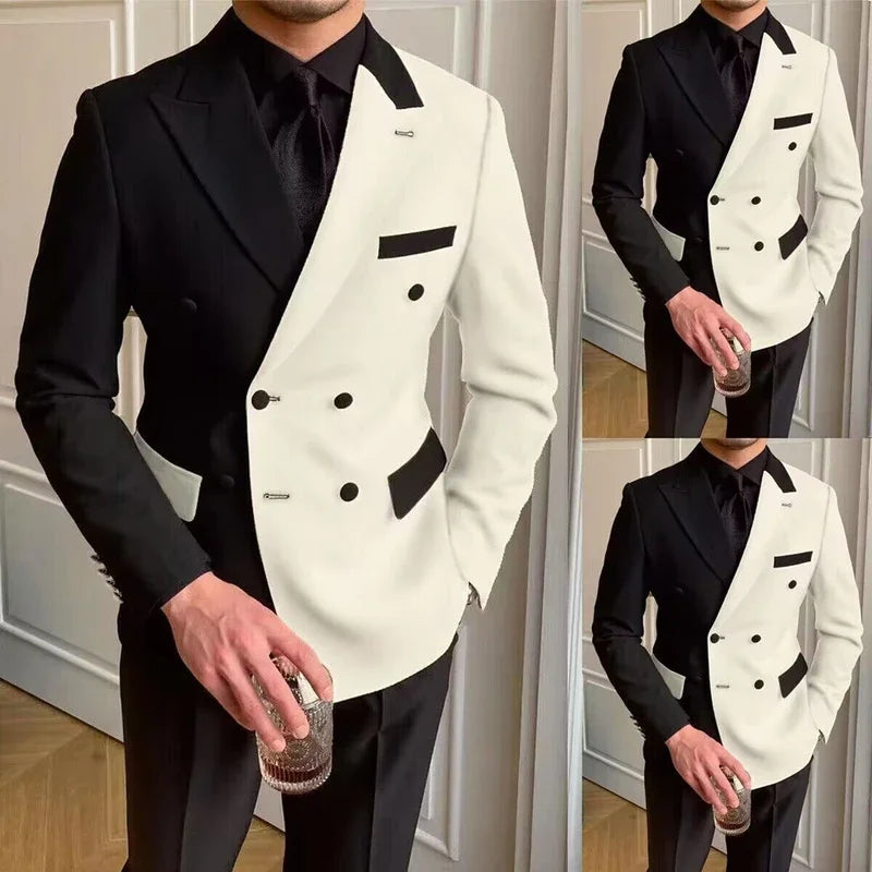 Costume Homme 2 Pièces Noir Blanc 6XL pour Mariage, Coupe Slim, Revers Pointu, Blazer et Pantalon, Formel, Affaires, Smoking de Marié