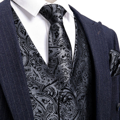 Men's Jacquard Floral V-Neck Suit Vest & Matching Tie Set, Formal Fit Waistcoat for Wedding, Prom, Business Party