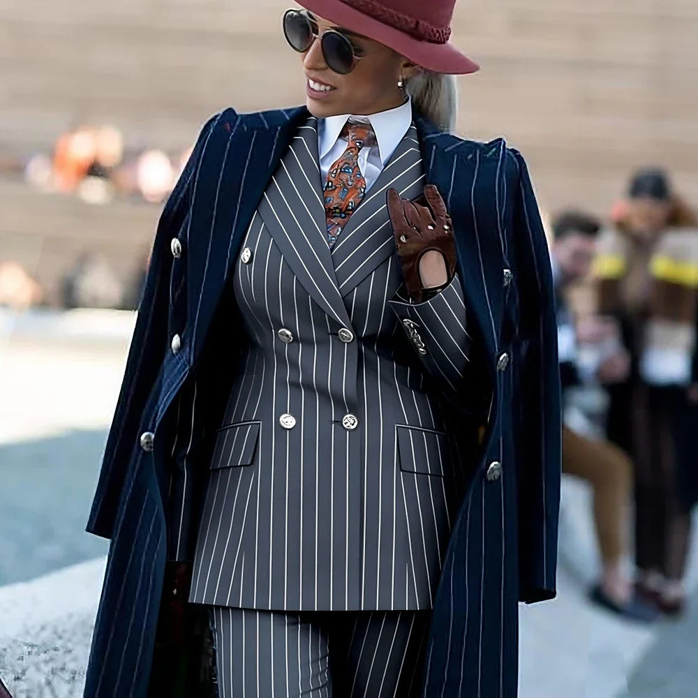 Formal Women's Burgundy Pinstripe Suit with Navy Blue Striped Coat Double Breasted 3Piece Set Elegant Evening Party Outerwears