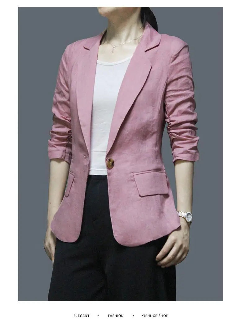 Women's Linen Blazer Casual Slim Fit Single Button Notched Lapel Lightweight Suit Jacket