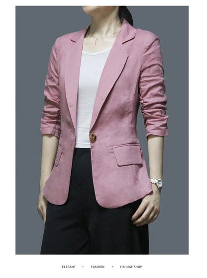 Women's Linen Blazer Casual Slim Fit Single Button Notched Lapel Lightweight Suit Jacket