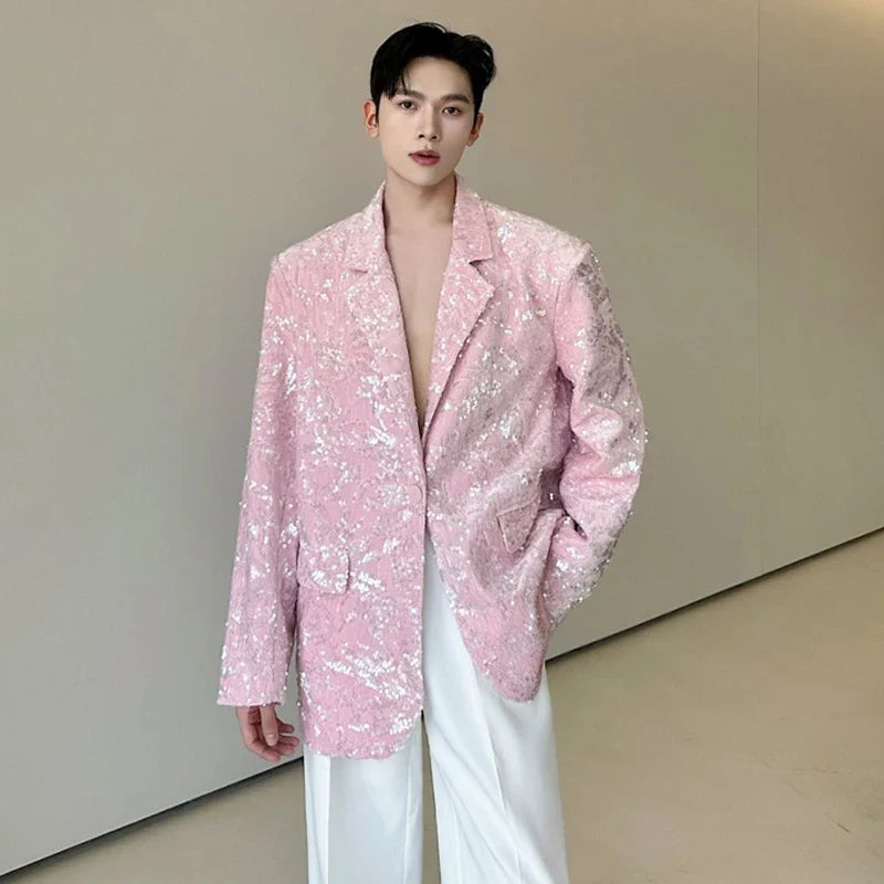 Blazer 2025 Autumn New Sequin Patchwork Luxury Elegant Temperament Coat Men's Fashion Handsome Shoulder Pad Coat JY5816