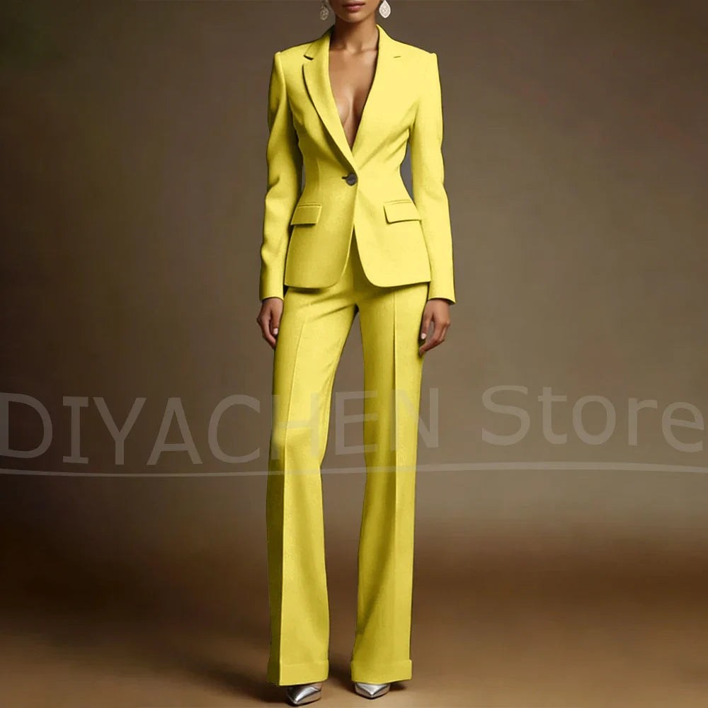 Women's White Suit Set Slim Fit Two Piece Jacket and Wide Leg Pants Office Casual Formal Occasions Elegant Female Outfit