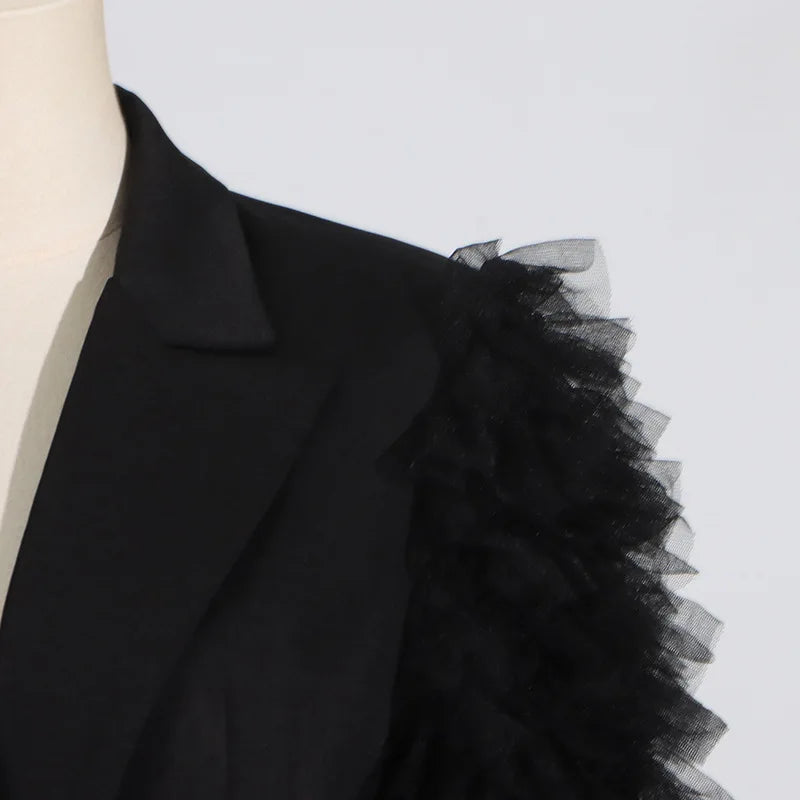 Spring Autumn New Women Blazer Notched Collar Single Button Patchwork Pleated Mesh Long Sleeve Elegant Fashion Coat HK18270