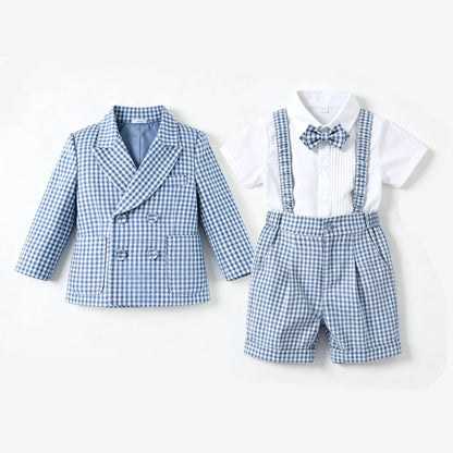 Toddler Baby Boy Checked Formal Suit Set 3 Pcs  Blazer Suspender Short Infant Gentleman Clothes For Wedding Birthday Photography