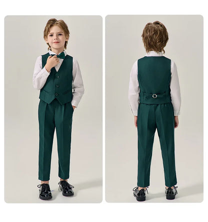 Boys Dark Green Jakcet Vest Pants Bowtie Evening Party Dress Children Wedding Photograph Suit Kids Ceremony Performance Costume