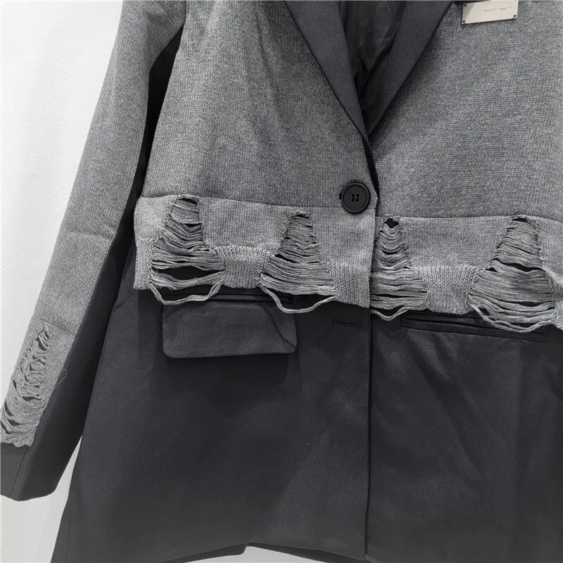 2025 Autumn New Women Blazer Notcged Collar Single Button Distressed Knitted Patchwork Color Block Tide Chic Jacket HK13269