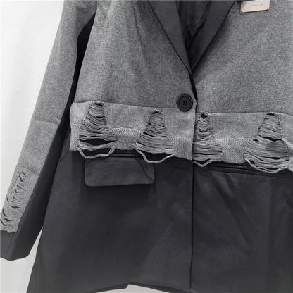 2025 Autumn New Women Blazer Notcged Collar Single Button Distressed Knitted Patchwork Color Block Tide Chic Jacket HK13269