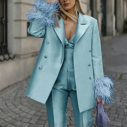 Classic Satin Women's Suit Set 2 Piece Exquisite Feather Double Breasted Jacket With Pants Evening Party Luxury Trouser Suits