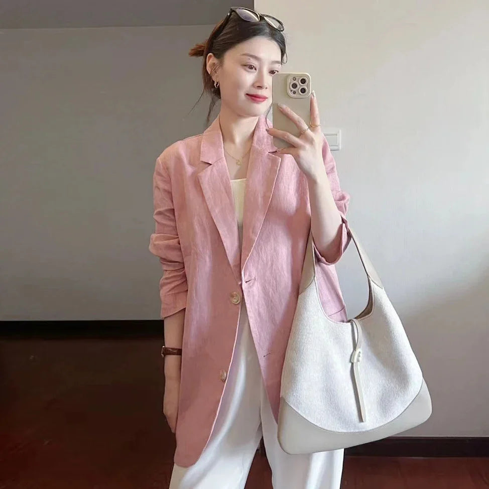 Cotton Linen Suit Jaet Women's Summer New Korean Design Casual Loose Long Sve Top Commute Sle Thin Single Button