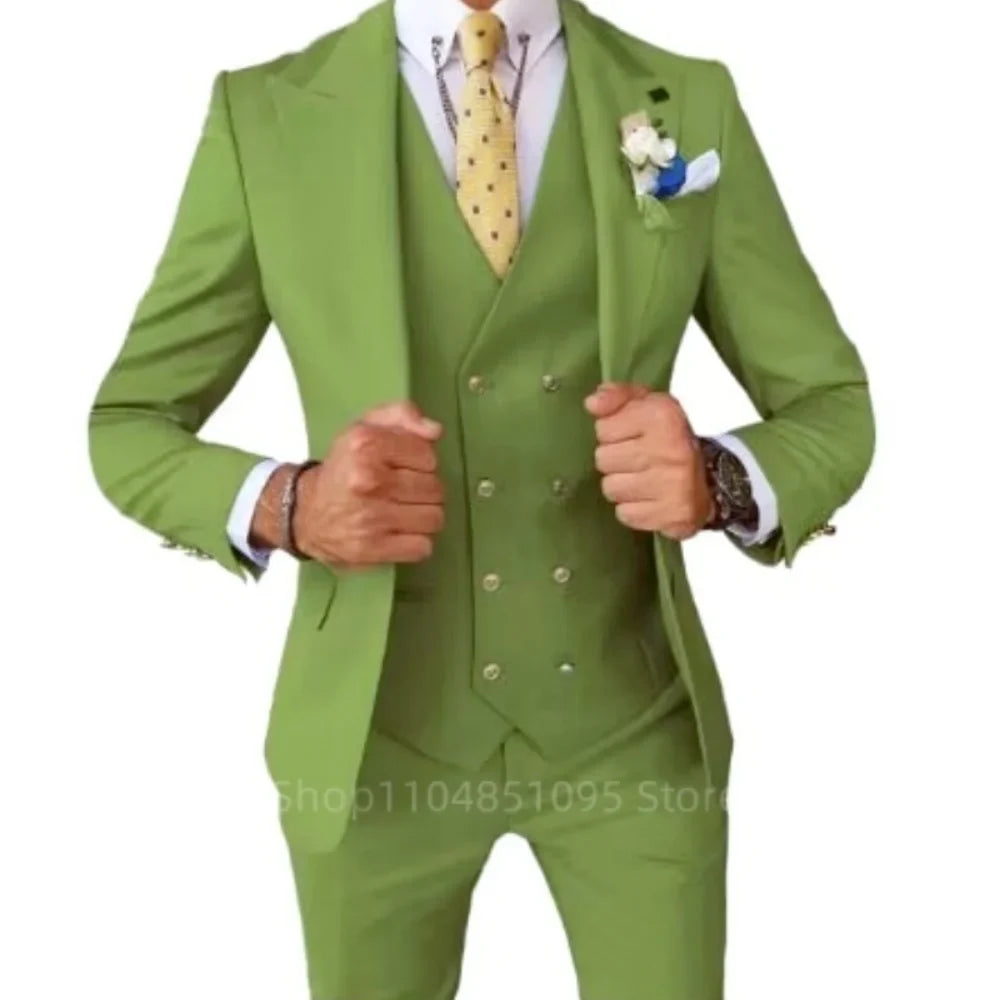 Smart Casual 3 Piece Peak Lapel Single Breasted Wedding Suit for Men Fashion Formal Best Man Groom Tuxedo Slim Fit Costume Homme