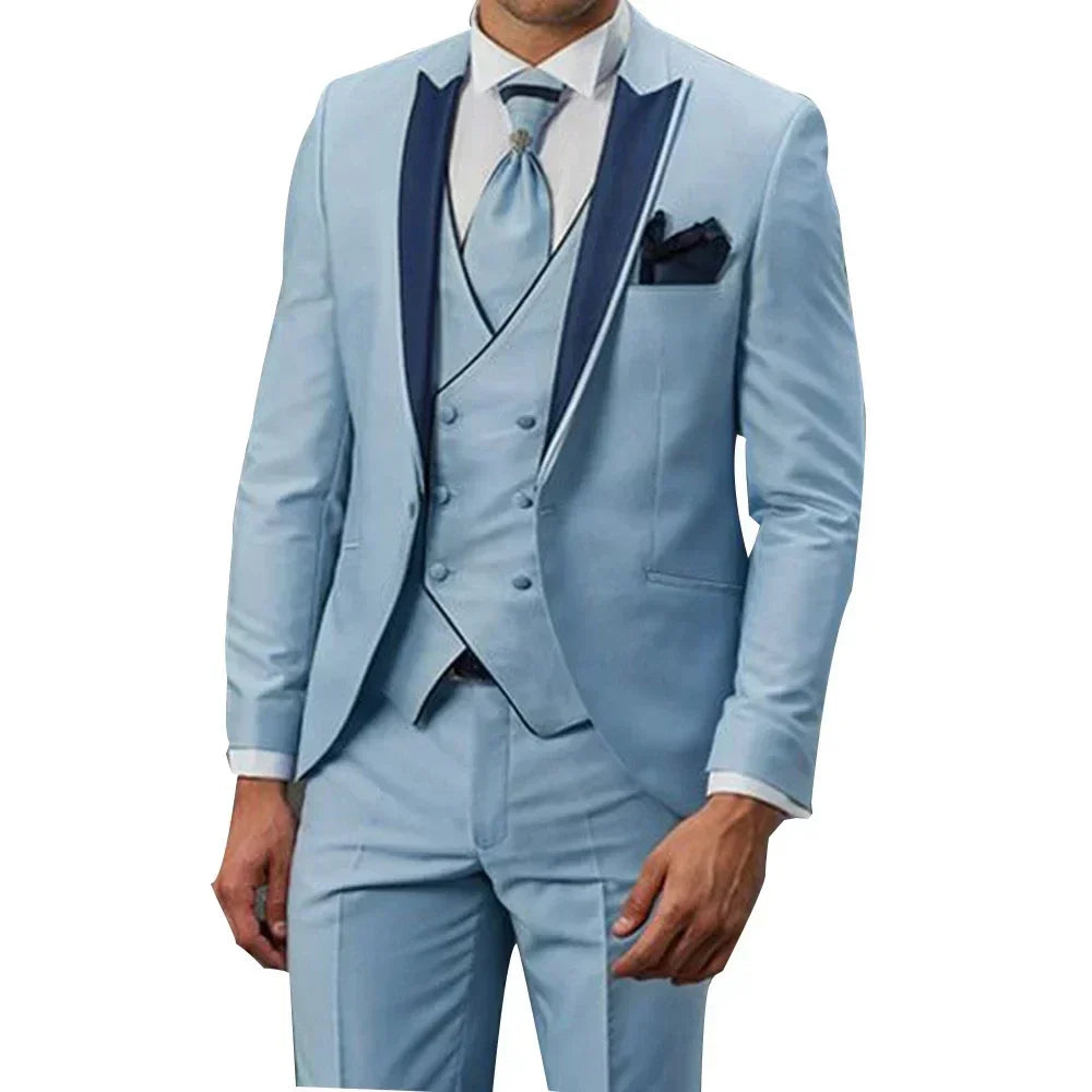 Sky Blue Men Suits Smart Casual  Slim Fit Blazers Hombre High Quality Custom 3 Piece Set Jacket Pant Vest Costume Homme