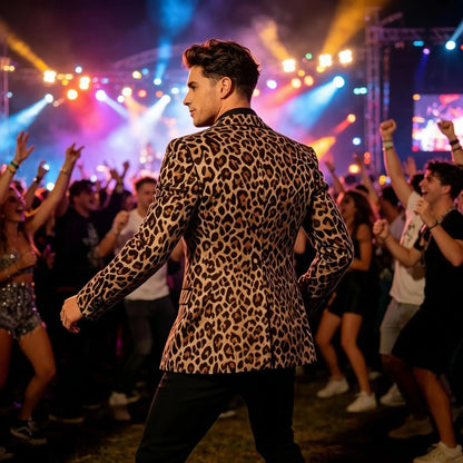 Men's Leopard Print Tuxedo Blazer Satin Lapel Slim Fit One Button Suit Jacket Party Club Stage Wedding Dinner Formal Coat