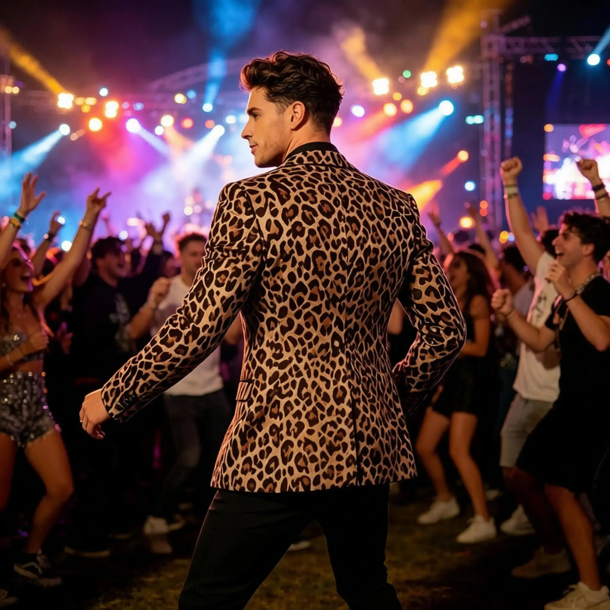 Men's Leopard Print Tuxedo Blazer Satin Lapel Slim Fit One Button Suit Jacket Party Club Stage Wedding Dinner Formal Coat