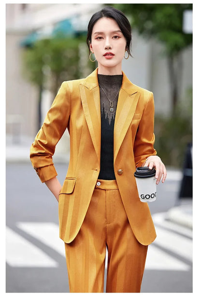 Women Blazer Pants Sets Yellow Two Pieces 2024 Autumn Workwear Trousers Formal Striped Navy Blue Long Sleeve Tops Pantsuit