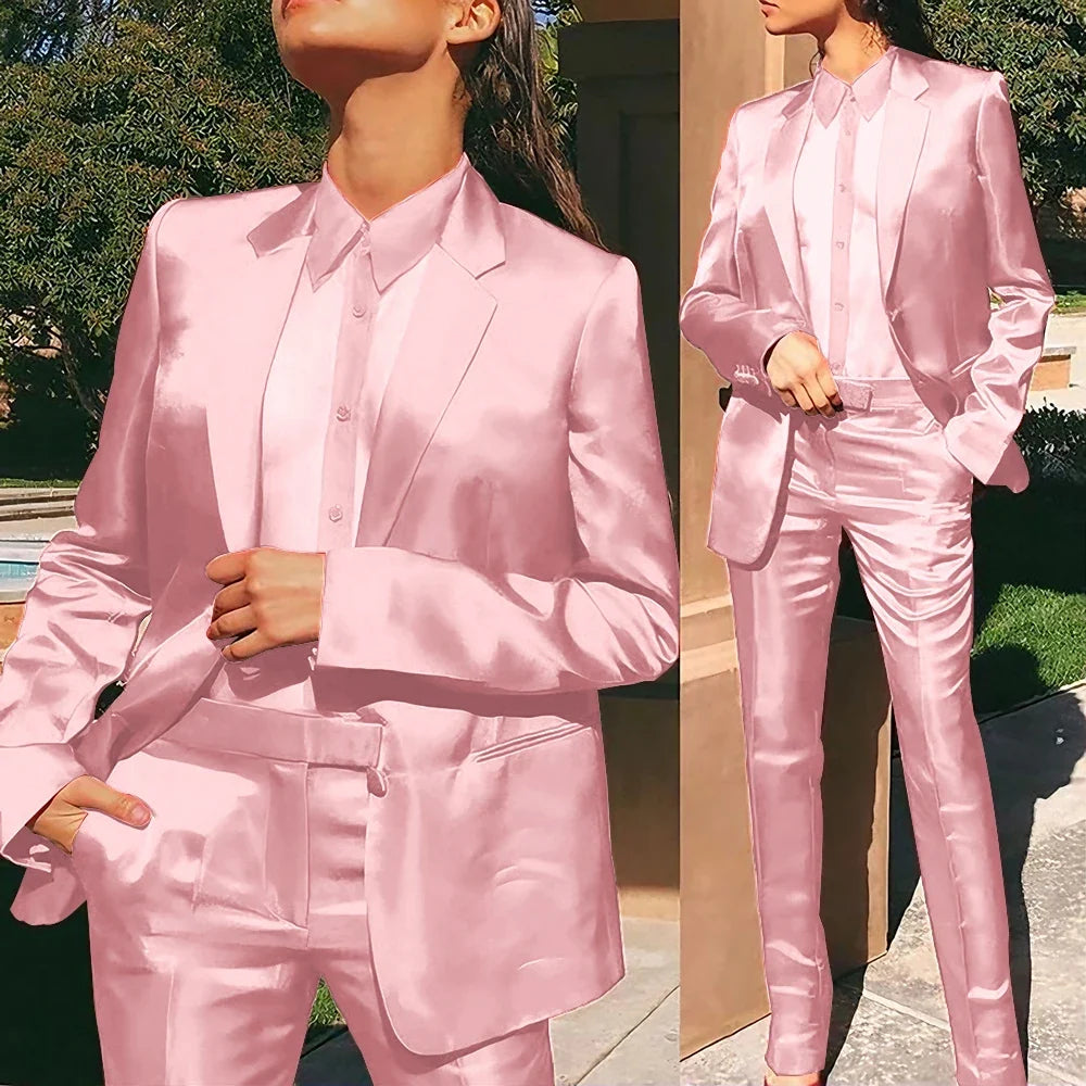 Women’s Red Satin Suit 2 Piece (Jacket+Pants) Set Gorgeous Single-breasted Blazer for Evening Party Formal Cocktail Streetwear