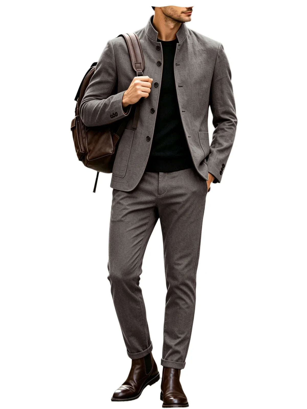 Men Stand Collar Linen Blazer Set Slim Fit 2 Pieces Jacket Pants Breathable Wrinkle‑Resistant Vintage Casual Business Outerwear