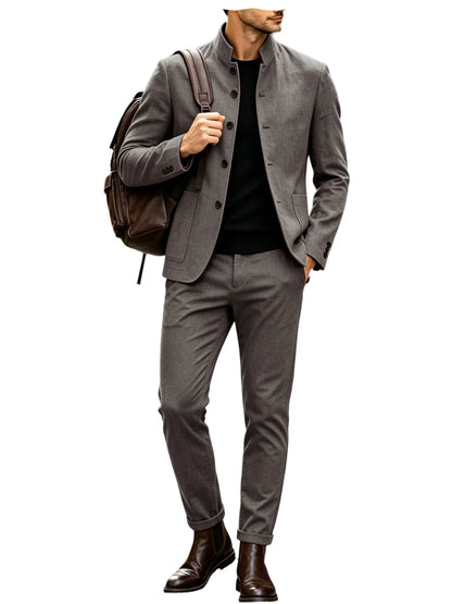 Men Stand Collar Linen Blazer Set Slim Fit 2 Pieces Jacket Pants Breathable Wrinkle‑Resistant Vintage Casual Business Outerwear