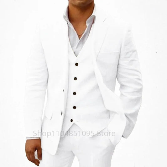 3 Piece White Men's Linen Suit Beach Wedding Suit Summer Slim Fit Notch Lapel Blazer Suits Set For Party Prom(Blazer+Vest+Pants)