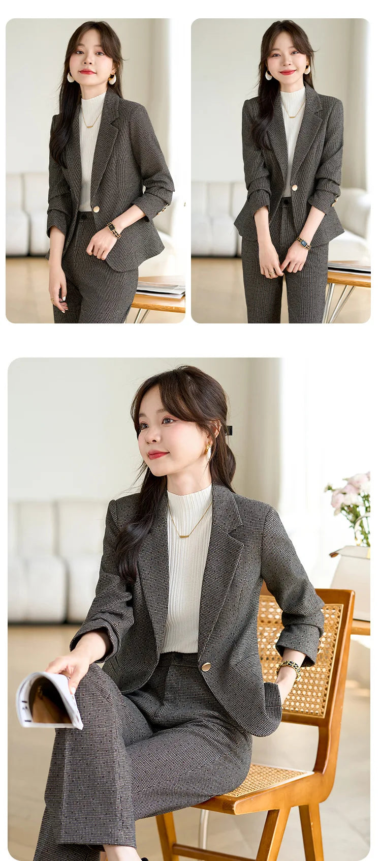 2024 Autumn Winter New Retro Plaid Woolen Blazer Coat And High Waist Flare Pant Two Piece Set Women's Suit Business Clothing