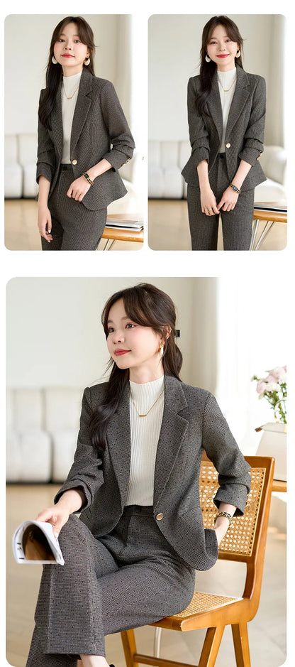 2024 Autumn Winter New Retro Plaid Woolen Blazer Coat And High Waist Flare Pant Two Piece Set Women's Suit Business Clothing