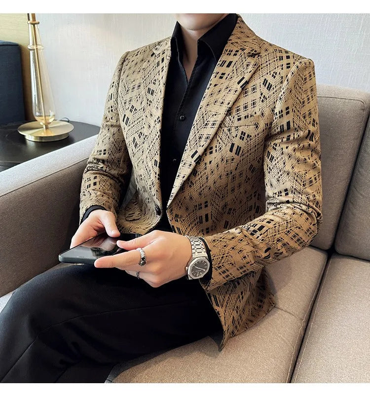 Korean Slim Fit Casual Suit Jacket for Men Fashion Camouflage Business Social Blazers Wedding Streetwear Dress Coat Men Clothing