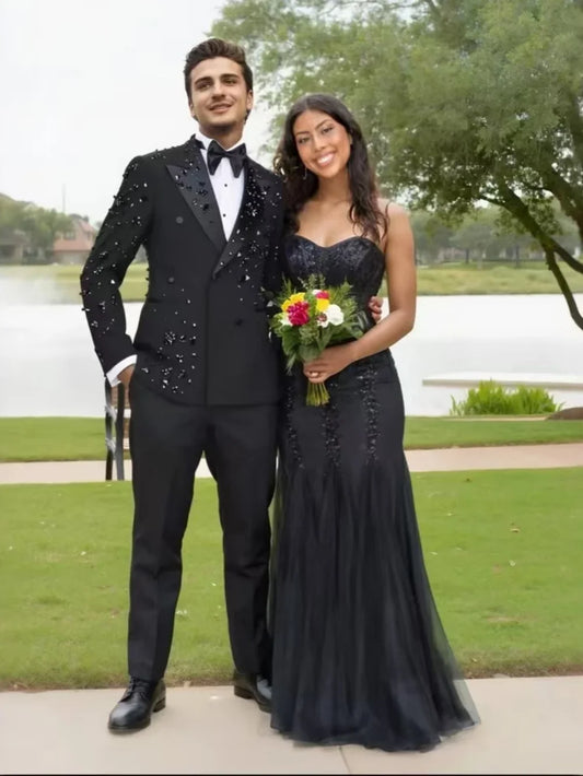 Black Opulent Crystal Men's Suit 2 Pieces Wedding Groom Sets Plus Size Man Slim Fit Suits Set Party Prom Wear Elegant Tuxedo