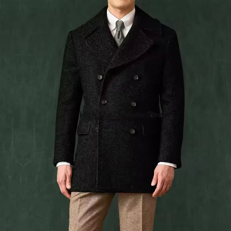 Men's Herringbone Tweed Overcoat Double-Breasted Wide Lapel Wool Blend Formal & Wedding Coat