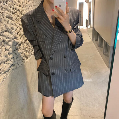 Vintage Vertical Stripes Women's Suit Jacket Loose Fit Double Breasted Autumn Outerwear Fashion Versatile Polyester Cotton Blend