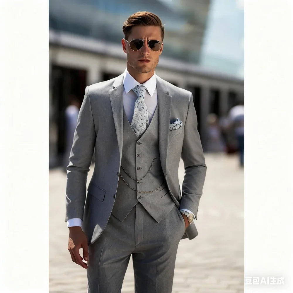 3-Pieces Men's Suit Unique Slim Fit Wedding Lapel Jacket Vest With Pant And Waistcoat Elegant Groomsmen