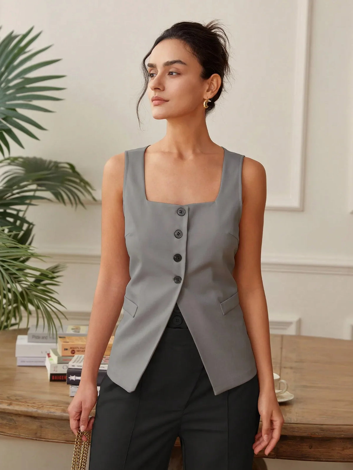 Summer temperament commuter vest vest solid color waistband square collar wide shoulder waistcoat