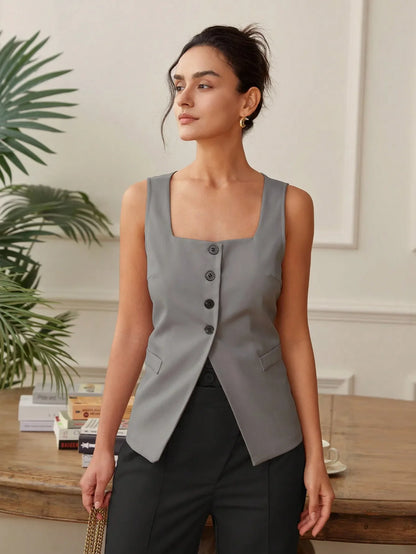 Summer temperament commuter vest vest solid color waistband square collar wide shoulder waistcoat