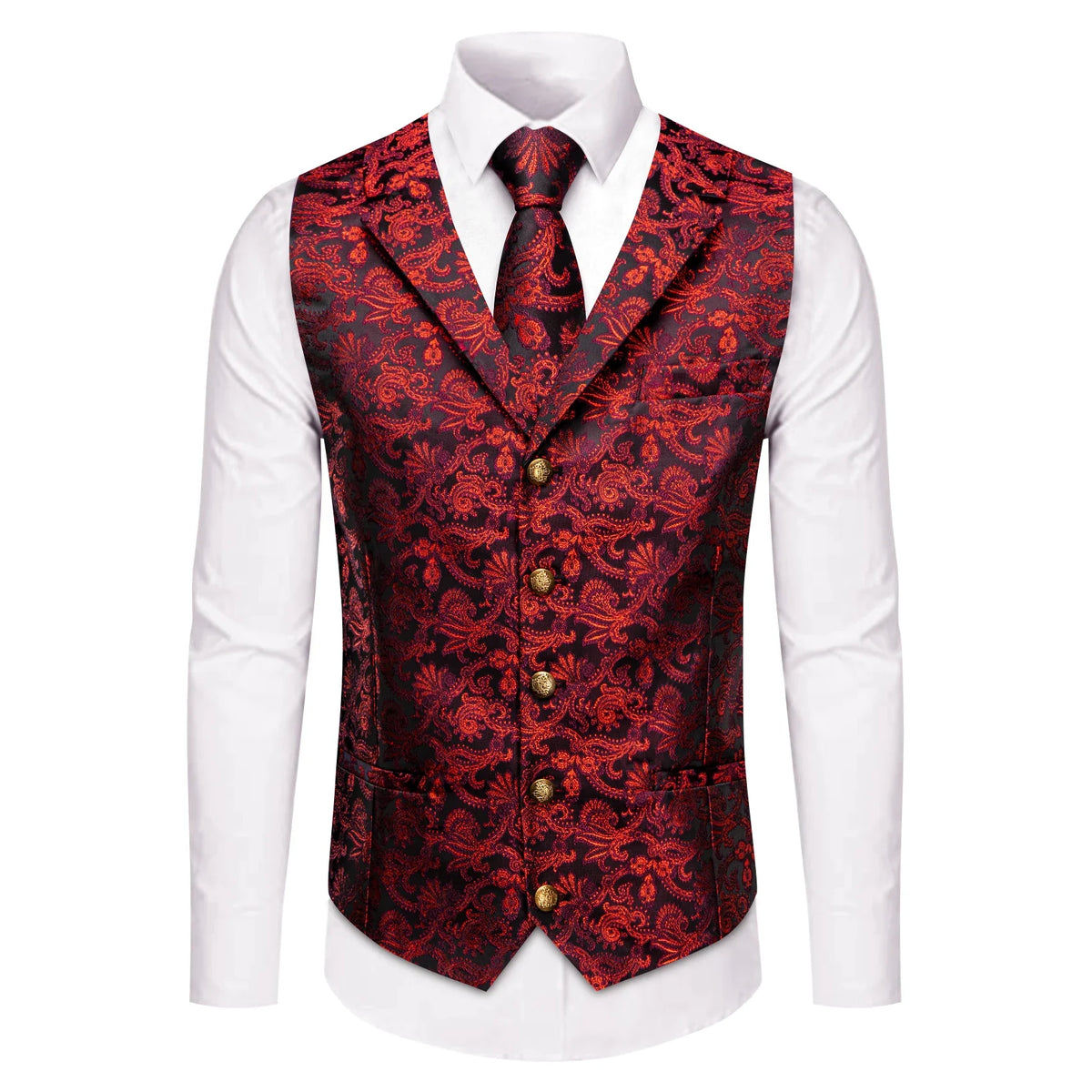 Men's Suit Vest Set with Tie Hanky and Cufflinks – Royal Red Paisley Waistcoat for Wedding and Business