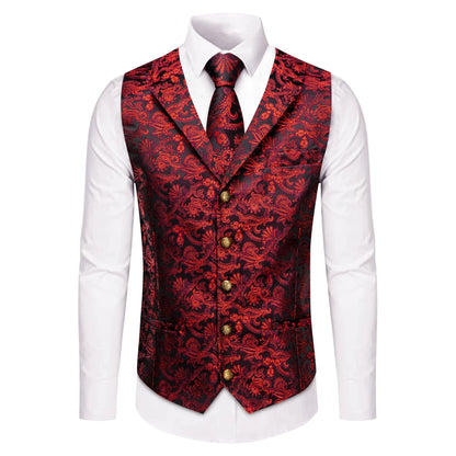 Men's Suit Vest Set with Tie Hanky and Cufflinks – Royal Red Paisley Waistcoat for Wedding and Business