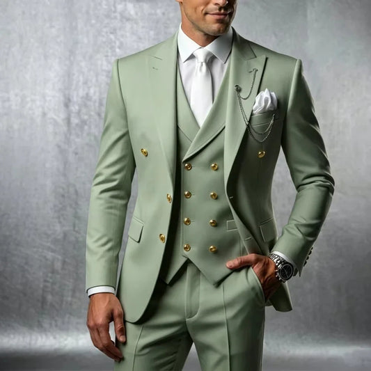Costume de Mariage 3 Pièces Croisé pour Homme Tuxedo avec Boutons Dorés Blazer Gilet Pantalon Coupe Slim Fête Banquet Luxe