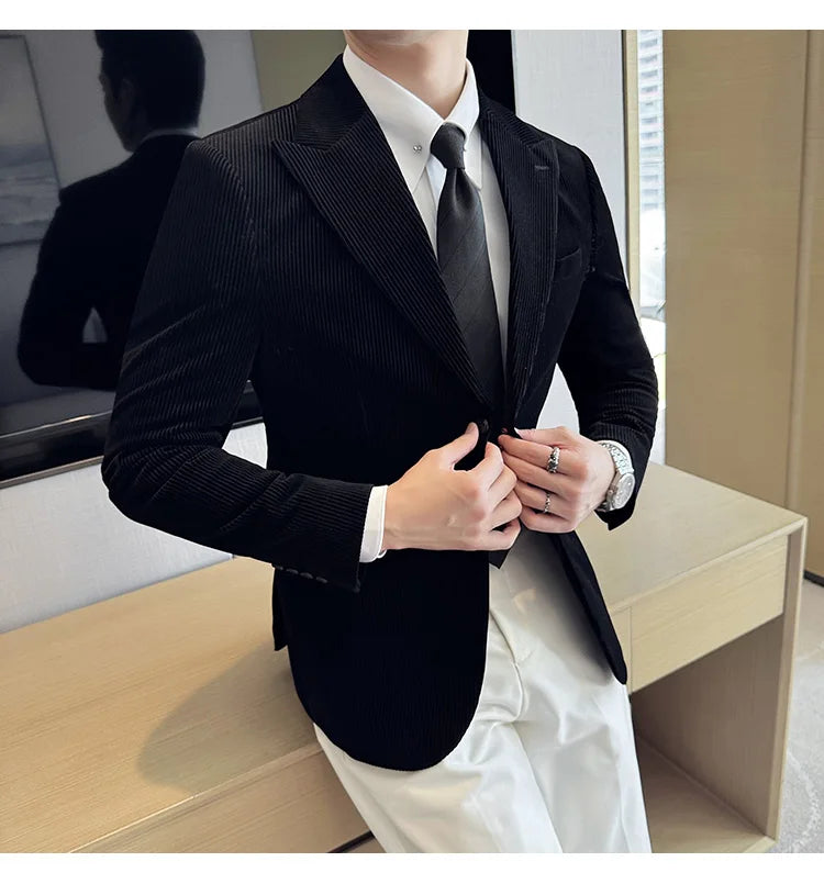 Corduroy Stripe Suit Jacket For Men Autumn Winter Business Slim Fit Tailcoat Formal Wedding Party Fashion Casual Suit Coat 4XL-M