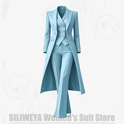 Women's Suit 3 Piece Double Breasted Long Coat Vest Pants Elegant Formal Business Wear Luxury Wedding Party Prom Outfit 2026