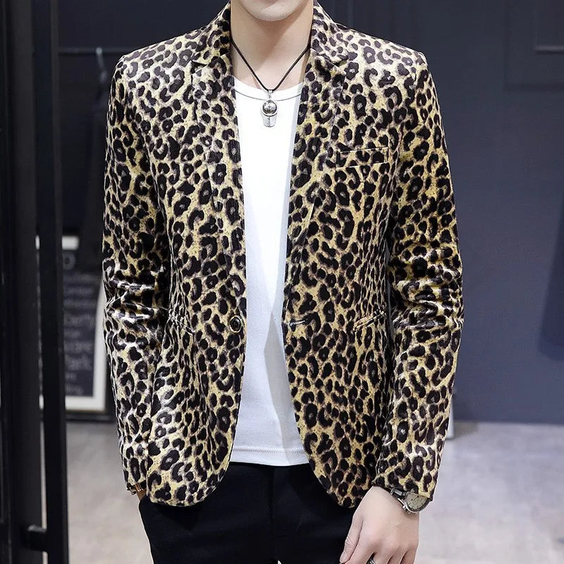KIDWHXR Suit Coat Man Vintage Fashion Leopard Print Long Sleeve Male Blazer Slim Single-breasted Casual Versatile Man Outerwear