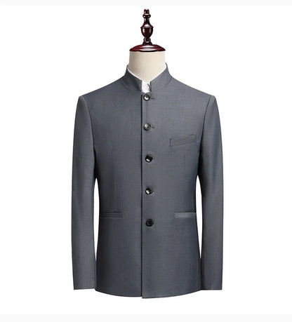 Men's Smart Casual Suit Set – Mao Collar Slim Fit Blazer and Pants for Weddings and Business