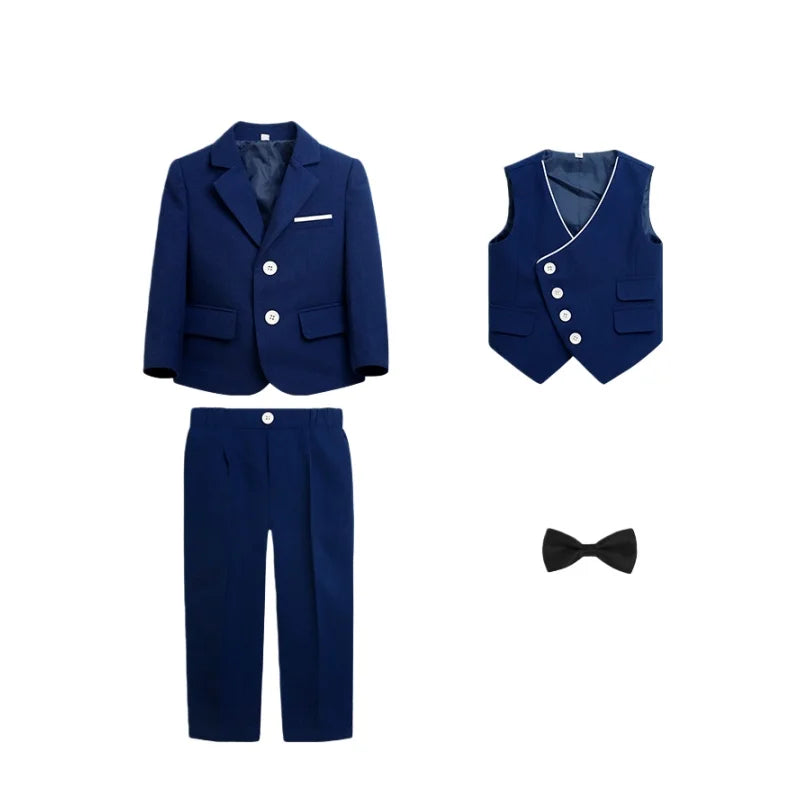 Kids 4Pieces Cerenmony Suit Set With Jacket Vest Pants Bowite Flower Boys Wedding Dress Children Birthday Photography Outfit