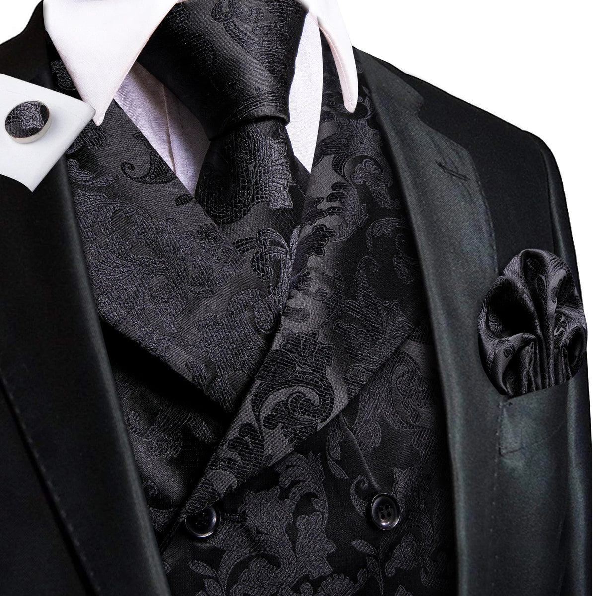 Men's Vest Tie Hanky Cufflinks Set – Black Green Jacquard Floral Paisley – Wedding & Banquet