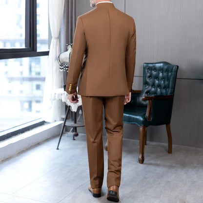 Men Suit 2 Piece Light Brown Double Button Hight Neck For Wedding Groom Business Party Prom Banquet Work Office Jacket Pants