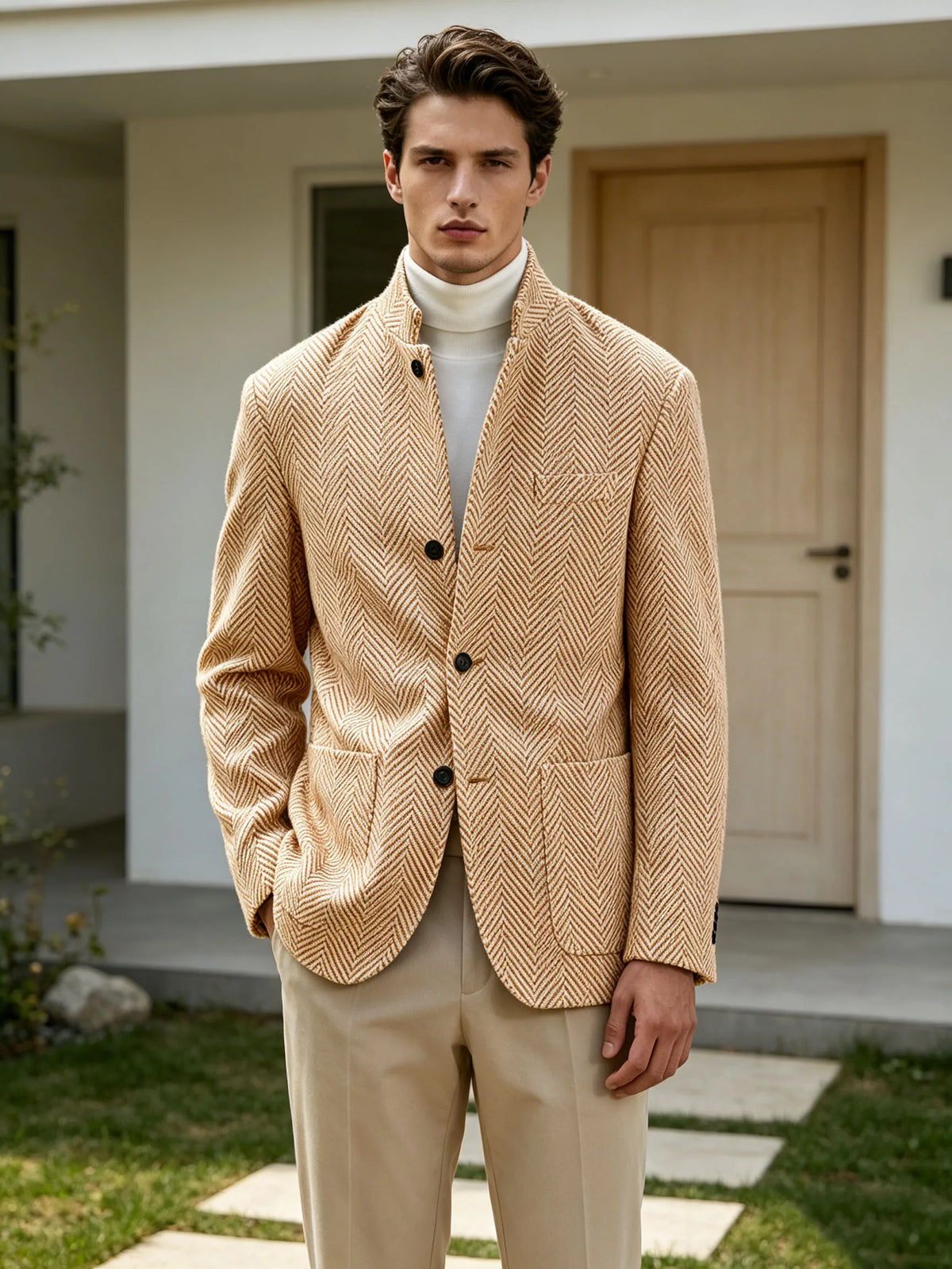Men's Herringbone Tweed Stand Collar Blazer  Notch Lapel Slim Fit Wool Blend Sport Coat Business Casual Wedding Prom Man Jackets