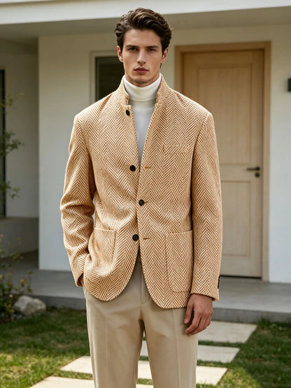 Men's Herringbone Tweed Stand Collar Blazer  Notch Lapel Slim Fit Wool Blend Sport Coat Business Casual Wedding Prom Man Jackets