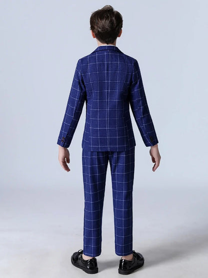 Blue Elegant Plaid Suit Set 5 Pieces Piano Performance Outfit Handsome Smart Boys Slim Fit Suits Banquet Party Wear 110-160cm